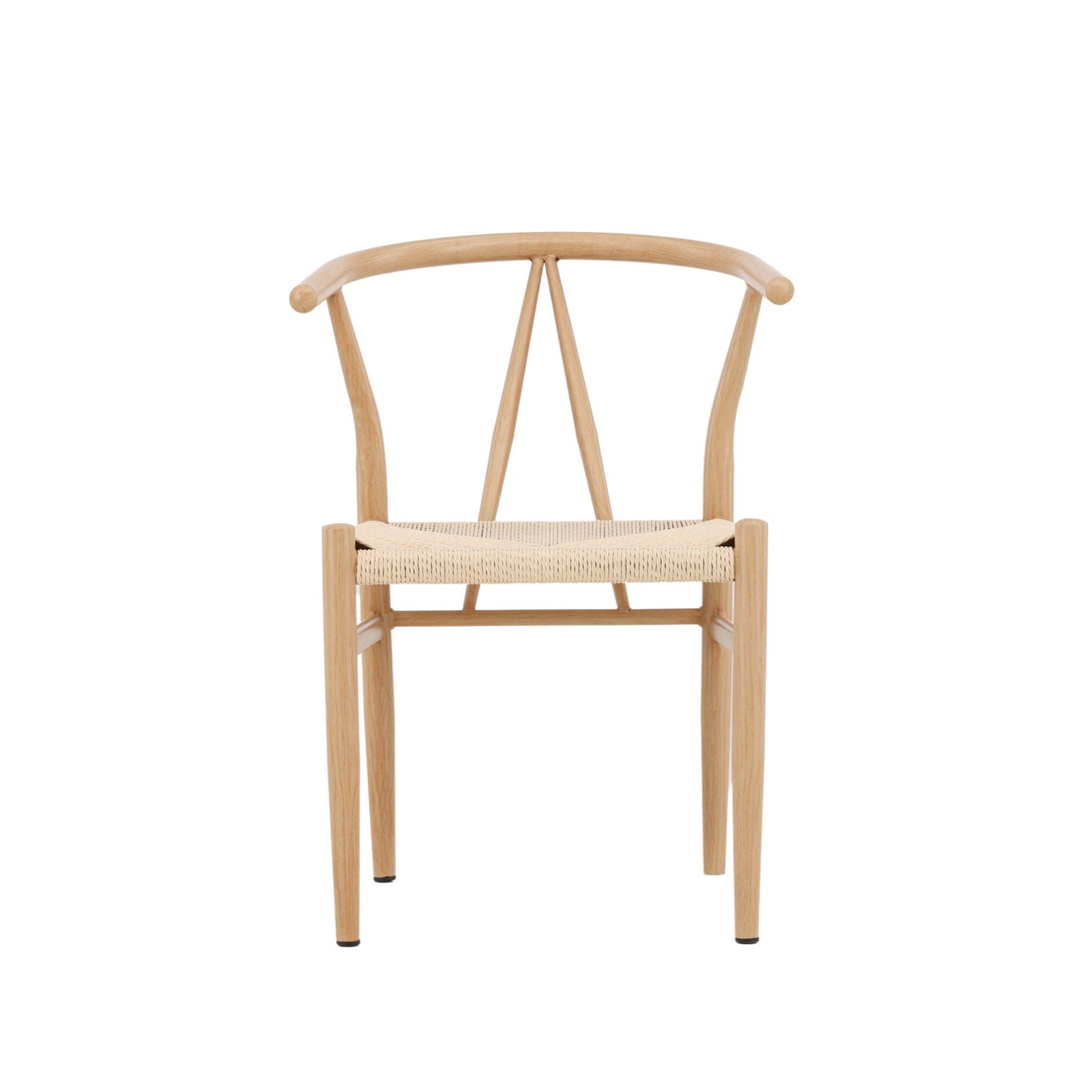 Venture Home Alfons Dining Chair har en minimalistisk design med en träram och en vävd beige repsits. Den är elegant utställd mot en vit bakgrund och har ett böjt ryggstöd som återspeglar modern designkänsla.